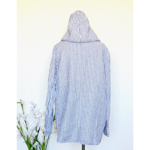 Tahari  100% Linen Button Front Hooded Striped Shirt Jacket Pockets Blue SZ S - Picture 4 of 7